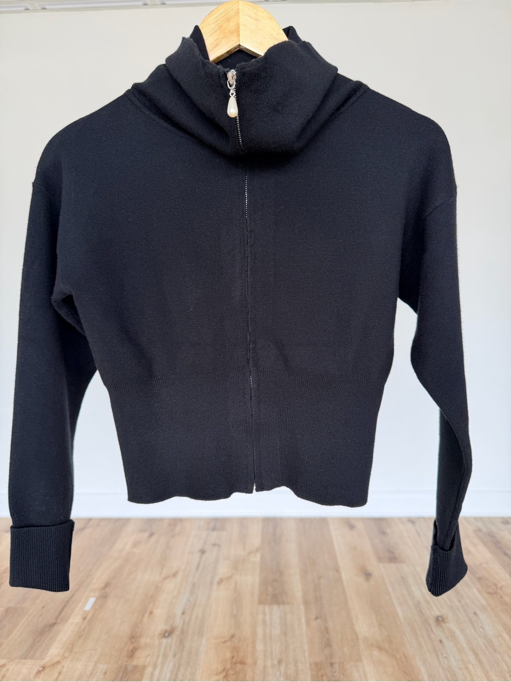 One Grey Day Black Zip Mock Neck Sweater Pearl Zip Pull Wool Blend Small